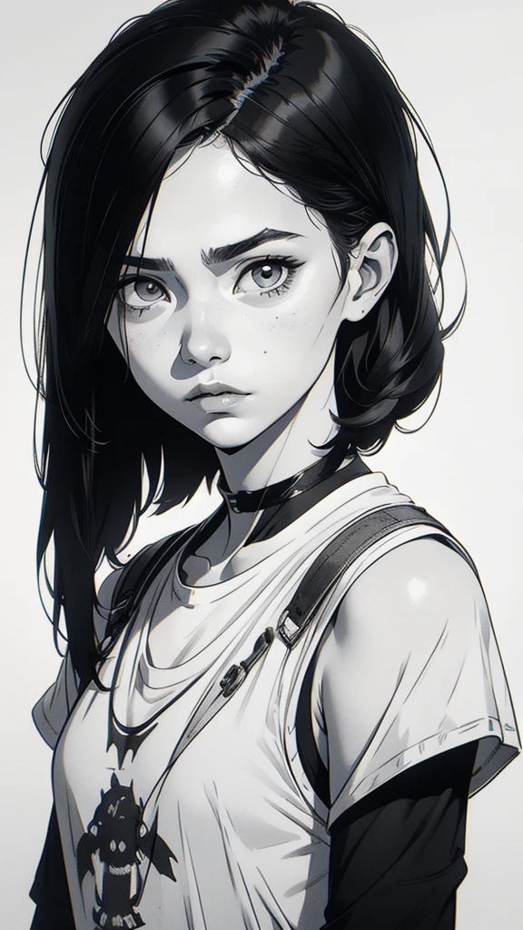 1 boyish girl, solo, sharp eyes, monochrome, greyscale, shoulder length black hair, portrait, blank white T-shirt, Thin eyebrows, closed mouth, looking at viewer, graphite \(medium\), detailed lips, hatching \(texture\), without makeup, bangs covering the forehead, upper body, (best illustration), (best quality), (very detailed), (masterpiece), expressionless,