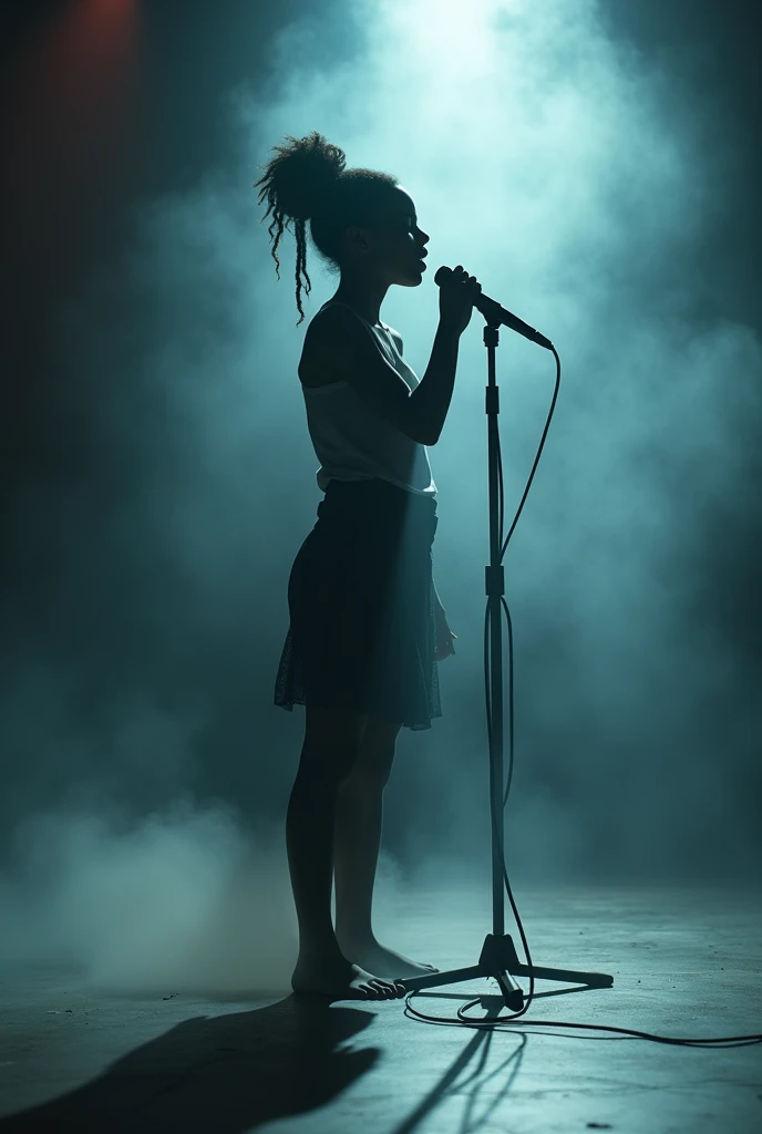 Ebony teen girl singing on stage mic stand, fog, barefoot