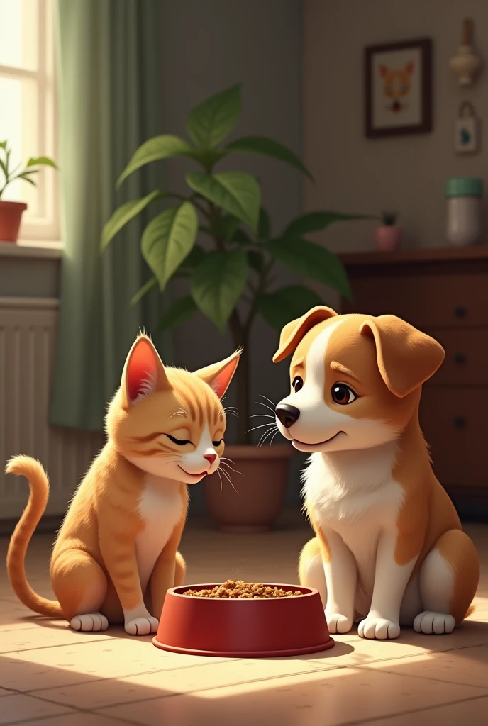One dog and left side one cat eating food