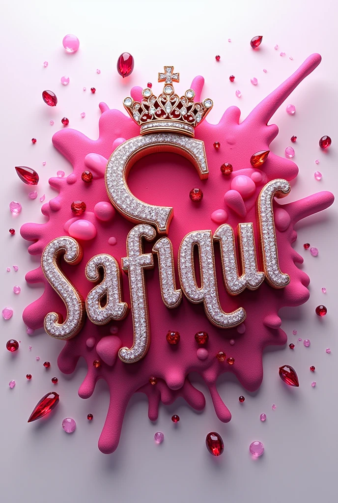 3D, colorful splash of pink and white, with the metallic text 'text/name "Safiqul" written in diamonds. Include rubies and diamonds, have a crown on the letter S