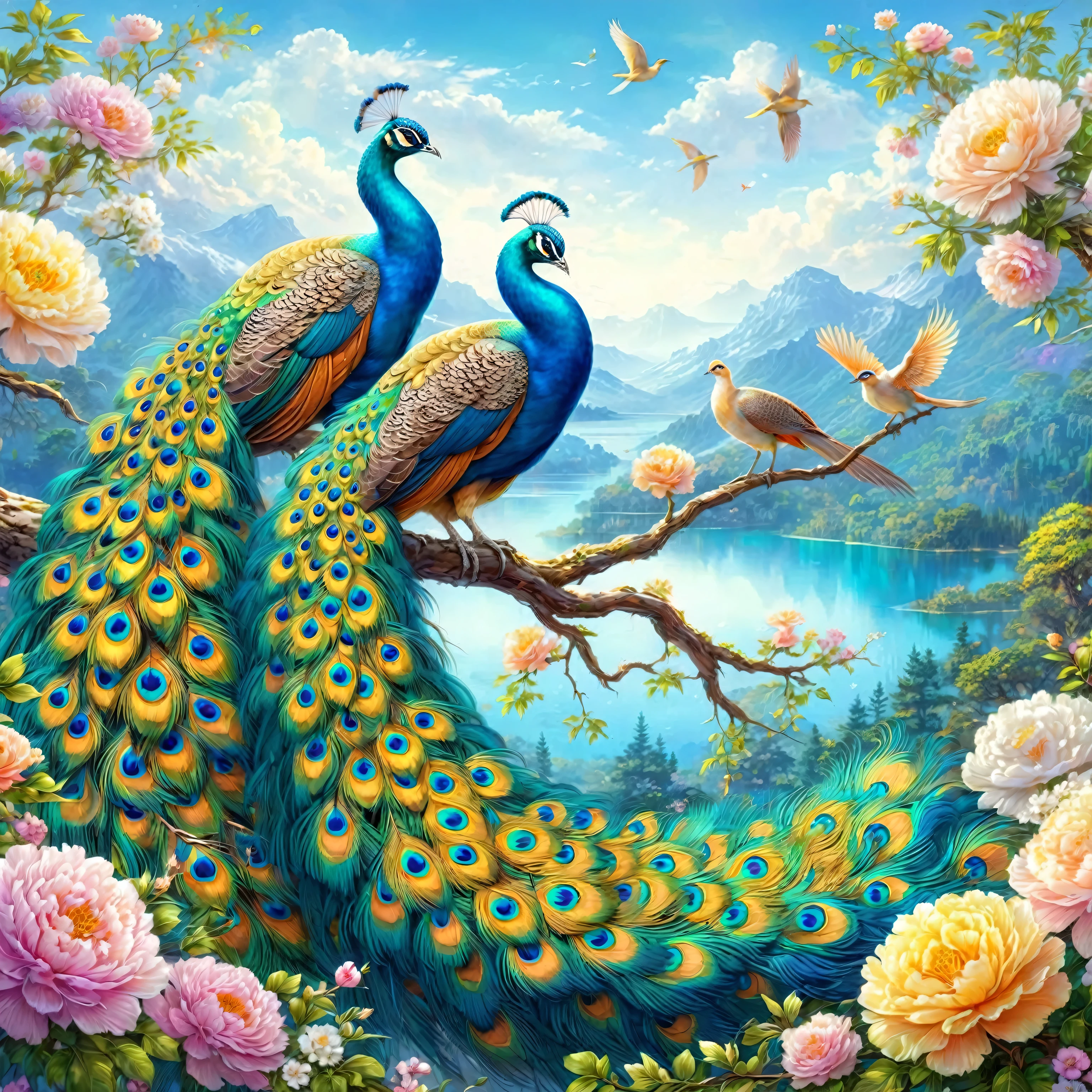 two peacocks sitting on a branch with flowers and birds, beautiful art uhd 4 k, beautiful nature, colorful hd picure, detailed painting 4 k, detailed beautiful animals, mystical birds, painting of beautiful, beautiful gorgeous digital art, beautiful digital art, beautiful digital artwork, 8k high quality detailed art, 4 k highly detailed art, 4k highly detailed digital art