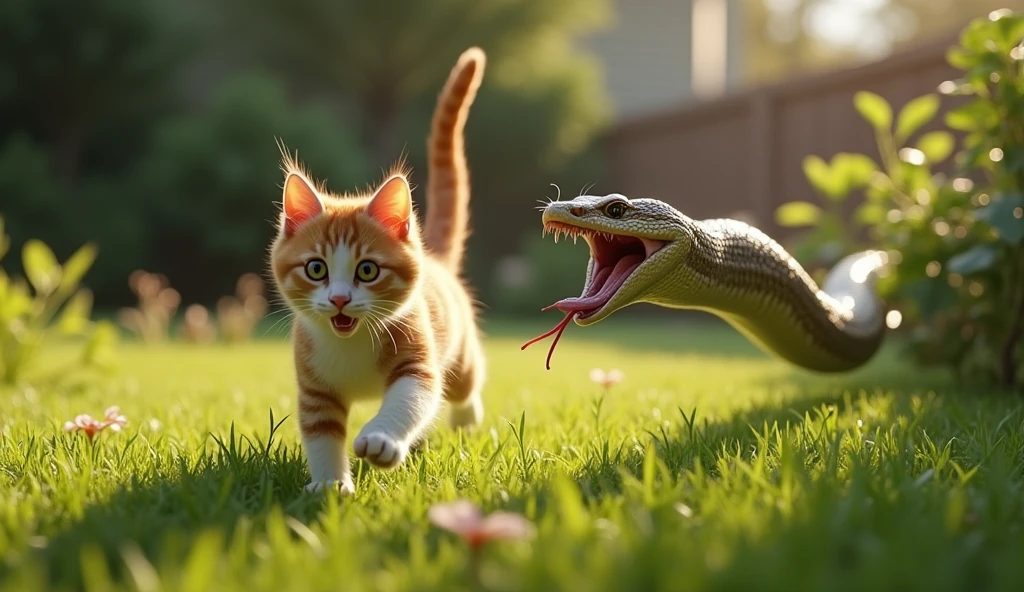 make a picture of a cat running forward being chased by a snake from behind in the yard