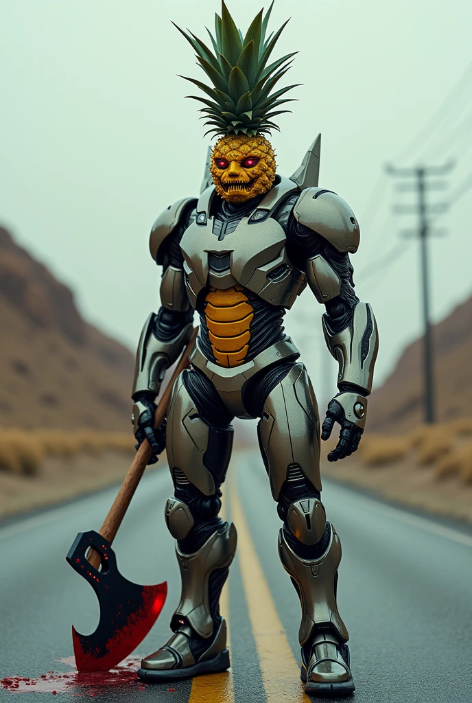 an evil pineapple in a Ironman suit on middle of road and a bloody axe