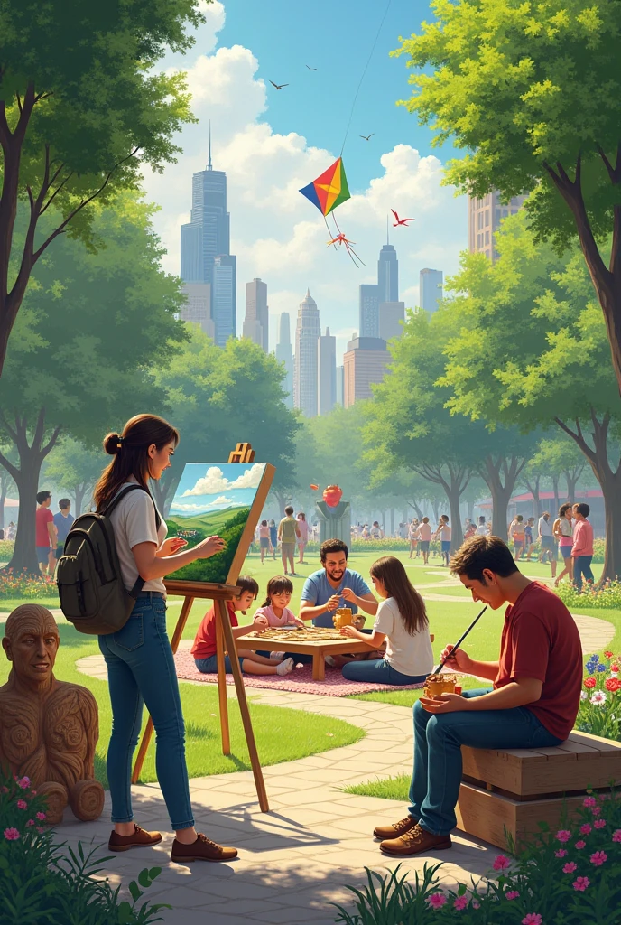 "A vibrant scene depicting a diverse group of people enjoying their favorite hobbies in a beautifully designed urban park. In the foreground, a young woman is painting a picturesque landscape on a canvas, while a middle-aged man is skillfully carving intricate wooden sculptures. Nearby, a group of friends is laughing and playing an engaging board game on a picnic blanket. In the background, a family is having a barbecue, with children playing frisbee and flying kites. The park is filled with lush greenery, colorful flowers, and modern park amenities, reflecting a harmonious blend of relaxation and creativity in daily life."