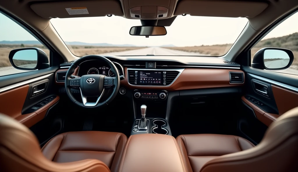 Interior: Give me an interior image of (Toyota Truck Pickup mixed with luxury fortuner) Cabin, dashboard, cabin and luxury seats