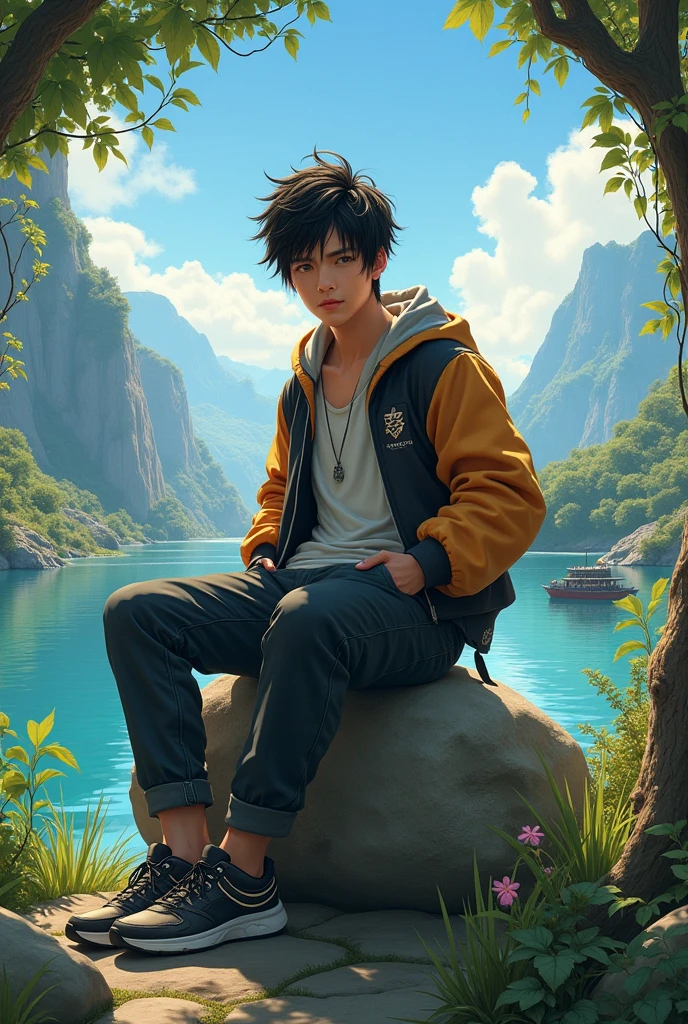 realistic close up A asian young male f
while front view camera wear sleeveless jacket , tekken sneakers seated casually on big rock with hands in pockets on the edge of a cliff facing on camera, samurai hairstyle, , while the background features a lake with ship, trees , mountains , vines, wild grass, atmosphere like in wonderland