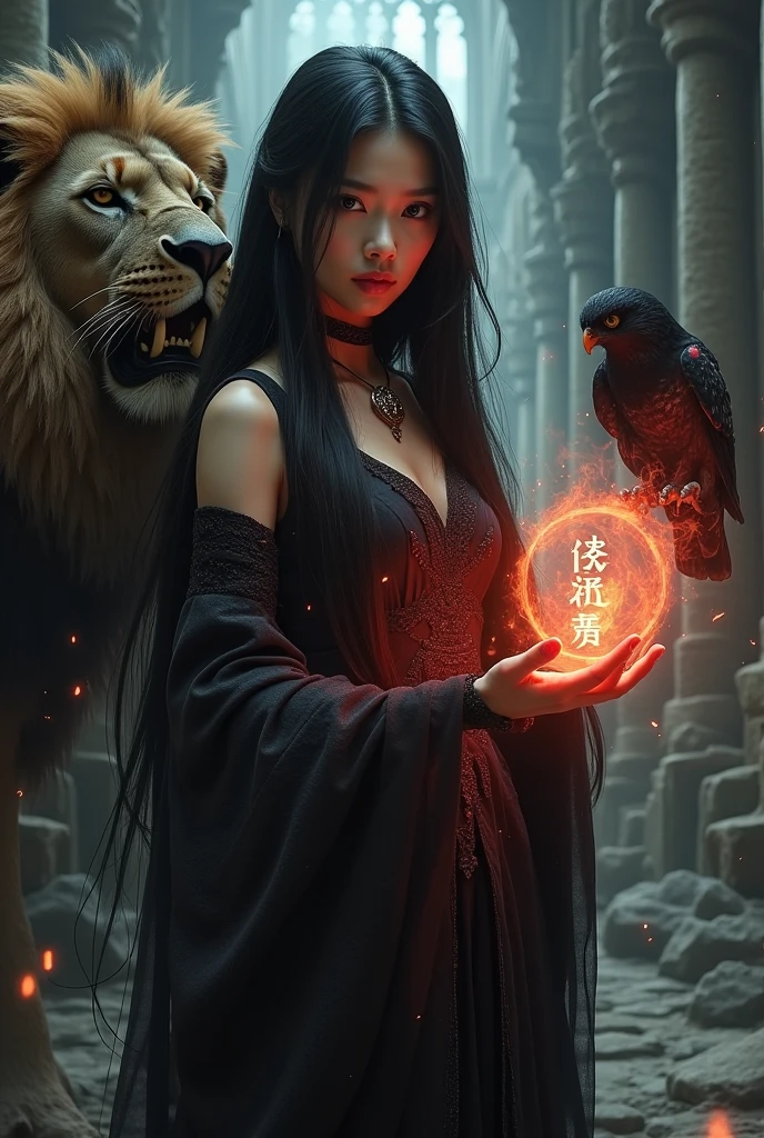 photo realistic, asian woman, white skin, Facing straight, Half-body image size, Black fluffy hair, Long slender fingers, Black witch cloak, Red Hood, Inside is a red dress., There is a fireball in the hand., In the fireball there are ancient English characters that say: "ROWING" Float, There were several red sparks and red smoke coming out of his hand., A black owl stands on the right shoulder.., A large golden lion with a red mane appears from the rear left.., The background is an old black European-style castle..