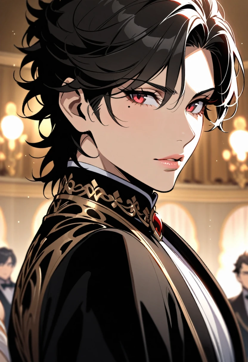 (Masterpiece, best quality, highres) {{Artist: kagami hirotaka}} 1 man, solo, portrait, sfw, fully in frame, zoomed out, 2, lips, elegant, short scruffy hair, black hair, beautiful eyes, red eyes, mole under right eye, fair skin, beautiful, prince, ballroom outfit, gold and black clothes, ballroom, elegant, (asking for a dance towards cameria, , light particles))
