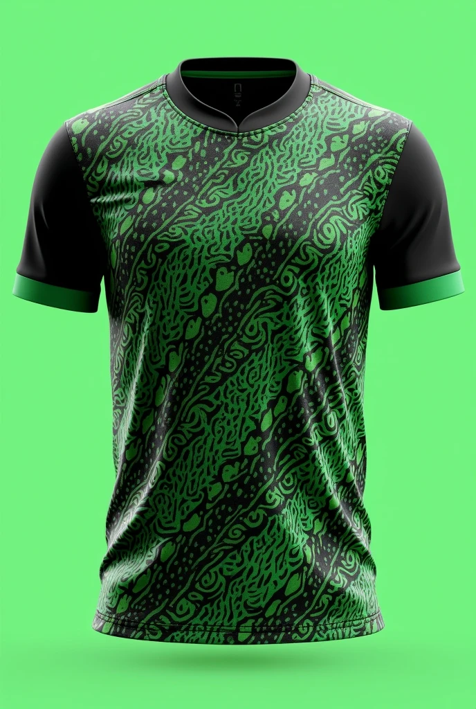 Make a football jersey using alpona, don't use any texts or logo, only jersey, no human, from front, green and black