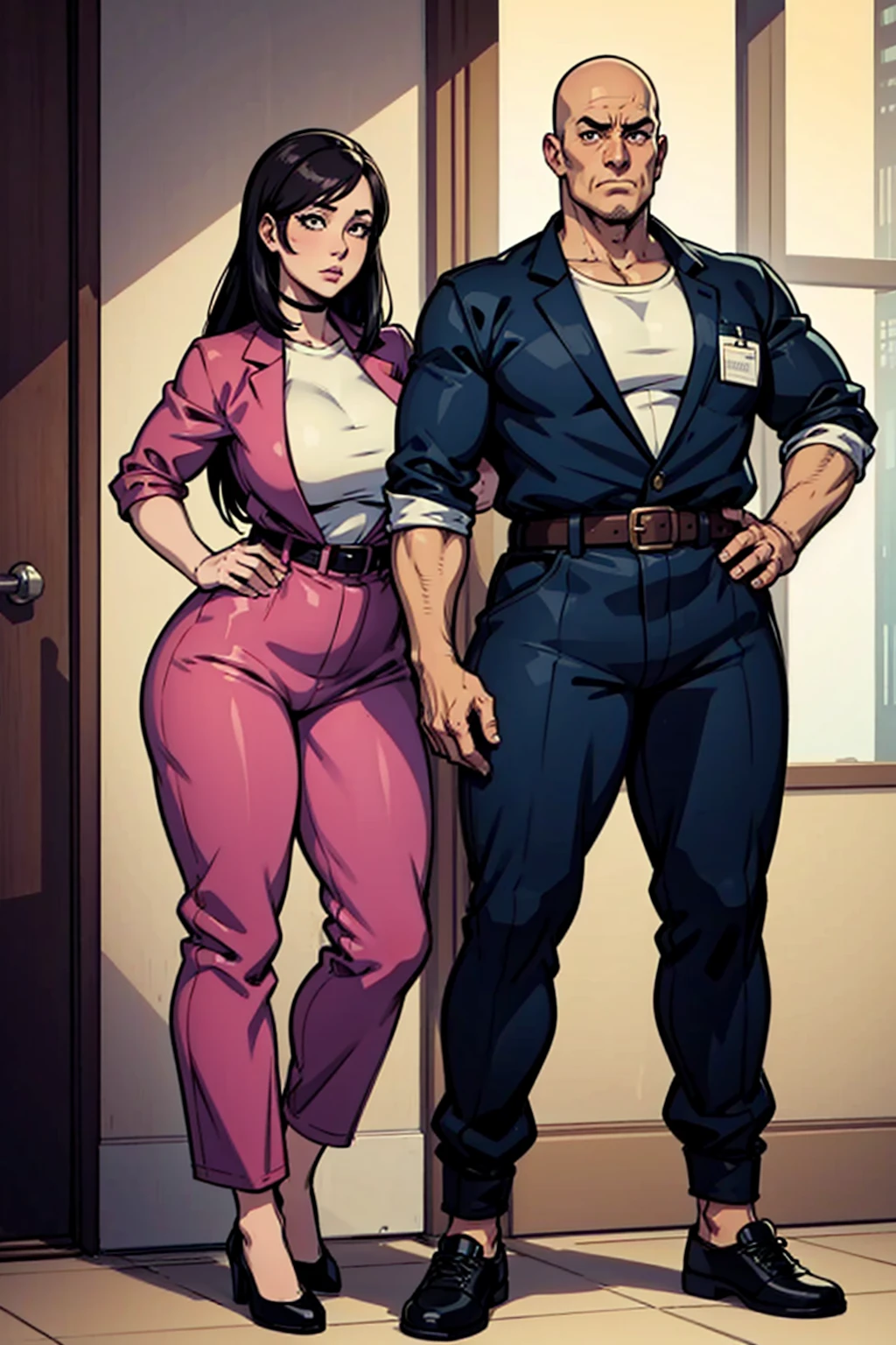 digital anime art, highly detailed, reference sheet, standing pose, feminine features, mature woman, adult female, fat, heavy physique, portly, corpulent, extremely curvy, whole body, bald, form-fitting, janitor jumpsuit, pants, belt, shoes, 1woman, solo, upper body, lower body, ((Extremely Detailed)), ((Best Quality)), ((Masterpiece)), ((4k)).