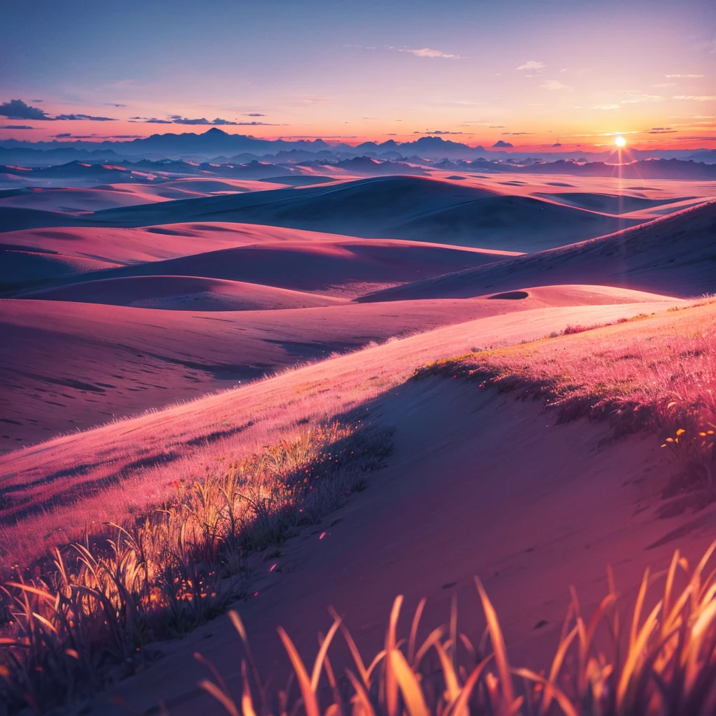 a beautiful plain landscape, pinkish ethereal sky, sunset