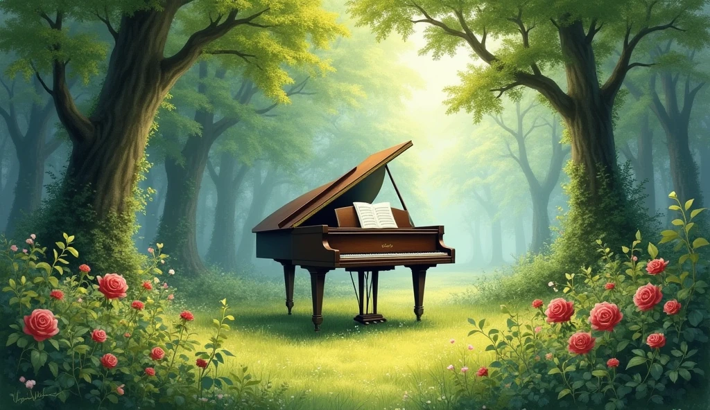 「A grand piano in the woods」is。The piano lid is open、There is music on the music stand。The surrounding area is densely packed with trees.々Surrounded by、The sun is shining through the trees.。This setting is、Combining the beauty of nature with the artistry of classical music、It creates a quiet and magical atmosphere.。In the forest where wild roses are blooming。Realistic watercolor style