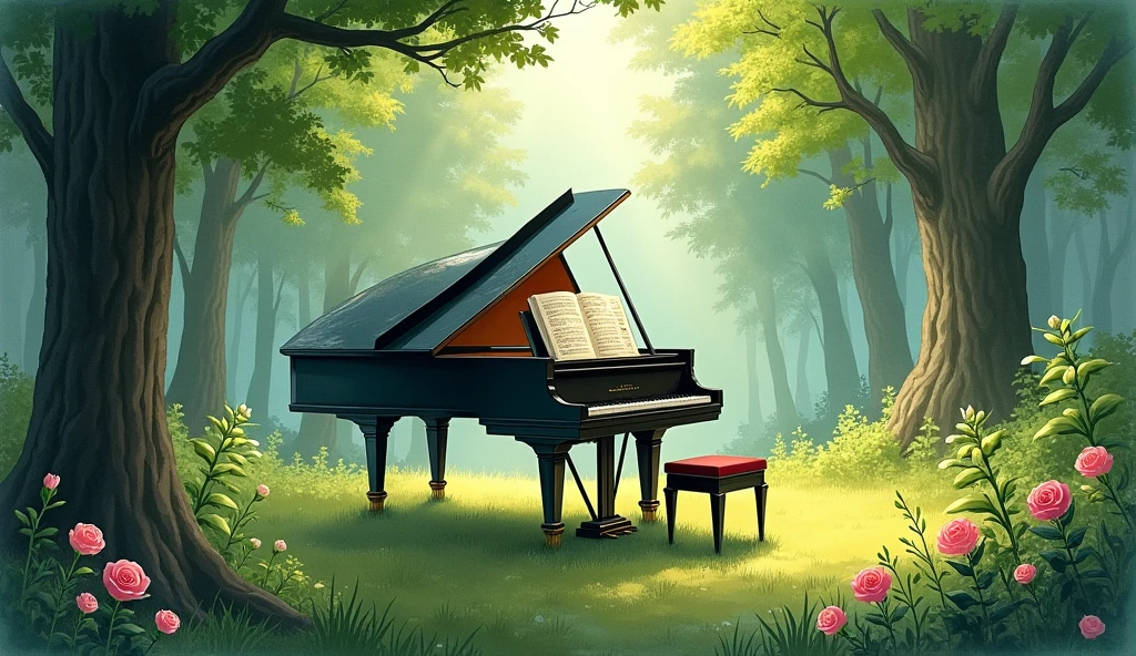 「A grand piano in the woods」is。The piano lid is open、There is music on the music stand。The surrounding area is densely packed with trees.々Surrounded by、The sun is shining through the trees.。This setting is、Combining the beauty of nature with the artistry of classical music、It creates a quiet and magical atmosphere.。In the forest where wild roses are blooming。Realistic watercolor style