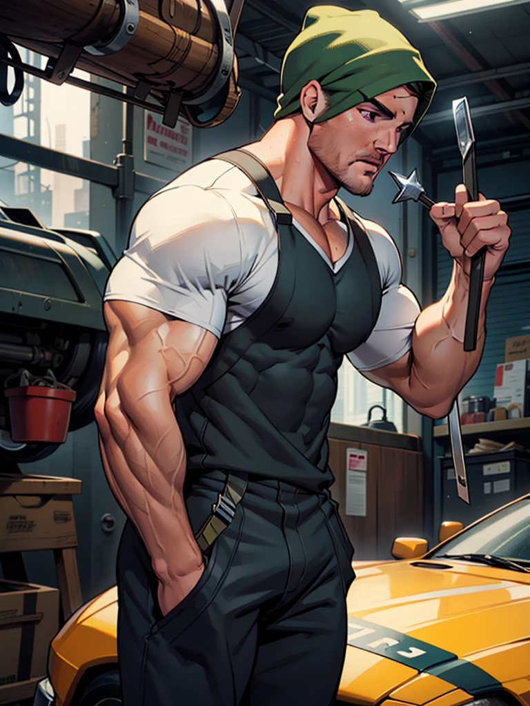 masterpiece , 64k , best quality ,very very detailed face , natural eyes, 1man, mature man, , muscled and hunk, (((stephen amell))) as a mechanic wearing totally unbuttoned overall, showing his nipples and muscles , mechanic tools , sweating, tight cloth, , full body view , working on a car