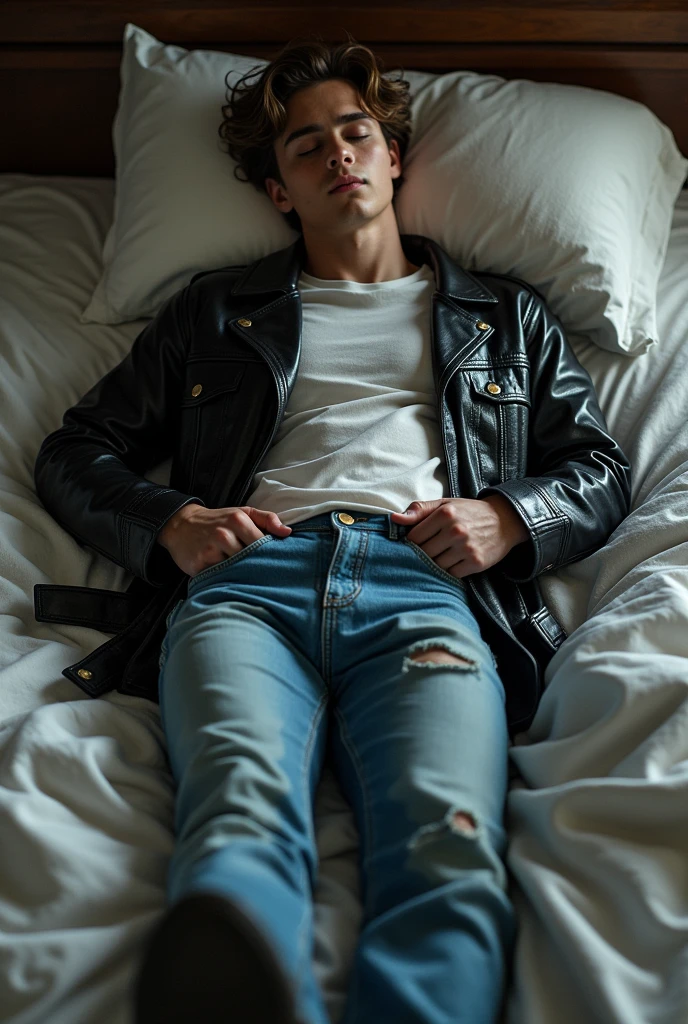 A handsome boy sleeping in bead wearing t-shirt with leather jacket splattered with water, wet black skinny jeans and black high heel ankle boots, ((show boots)), shiny wet patches on jeans, and wet patches on t-shirt with leather jacket. The positon in sleeping should be straight.