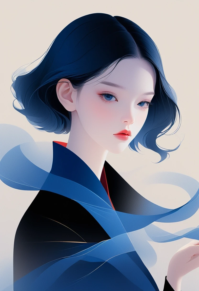 vector，Flat style，illustration，数字艺术illustration，1 girl，Unique，blue，Black Hair，Pretty Face，portrait，Shoulder，Beautiful hands，Was，artistic conception，Abstract