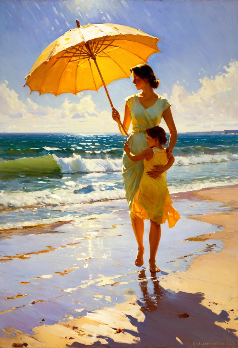 American impressionist painting style, Frank Weston Benson style, Indian summer sea, mother and child standing on the beach, mother holding a parasol, bright sunlight, warm impression, oil painting.