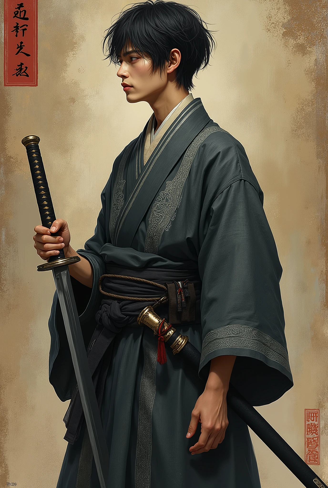 (Ultra-detailed face, looking away, Fantasy Illustration with Gothic, Ukiyo-e, Comic Art, Rich colors), BREAK (Japanese court samurai of the Heian period, a small, sharp-eyed, middle-aged male warrior with short, black, disheveled hair, a sword-protective headband, wearing a very plain, dark gray, linen Japanese kimono embroidered with silver thread stripes, a narrow sash around his waist, and a black sword sheath tied around his waist. He holds the short, inlaid hilt of a Japanese sword in both hands and holds the sword vertically. He wears a leg band and sandals (zori) woven from straw. His body is covered with an aura like a murderous spirit.)