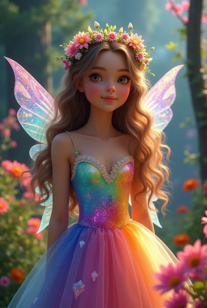 Hologram Shot、(Photorealism:1.2), Beautiful forest fairy girl,Full Body Focus , She has long shiny hair and skin, Curly hair and a flower crown on her head, She has a very detailed and super intricate face and a cute smile, Beautiful rainbow dress, fluffy, soft, Flared dress.,The background is very clear and beautiful with forest flowers and trees.,The hair looks very beautiful in the light,（（（背景を少し暗くしてHologram Shotで不思議な最高傑作）））,The large wings and dress sparkle with holographic light.、Please create an image with a bright face by shining a little light on the face.,