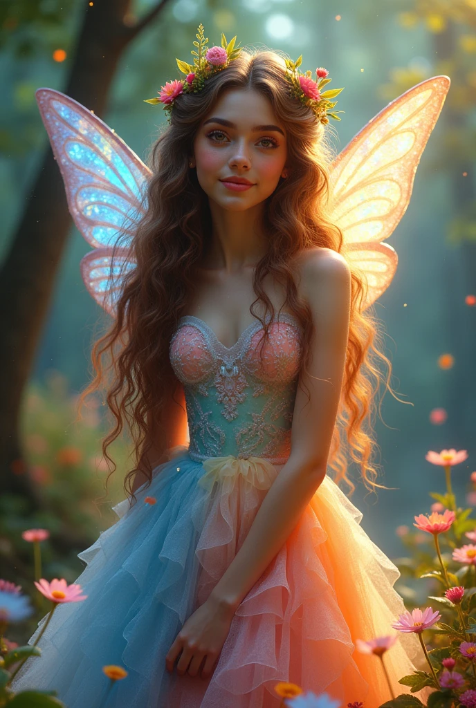 Hologram Shot、(Photorealism:1.2), Beautiful forest fairy girl,Full Body Focus , She has long shiny hair and skin, Curly hair and a flower crown on her head, She has a very detailed and super intricate face and a cute smile, Beautiful rainbow dress, fluffy, soft, Flared dress.,The background is very clear and beautiful with forest flowers and trees.,The hair looks very beautiful in the light,(((背景を少し暗くしてHologram Shotで不思議な最高傑作))),The large wings and dress sparkle with holographic light.、Please create an image with a bright face by shining a little light on the face.,