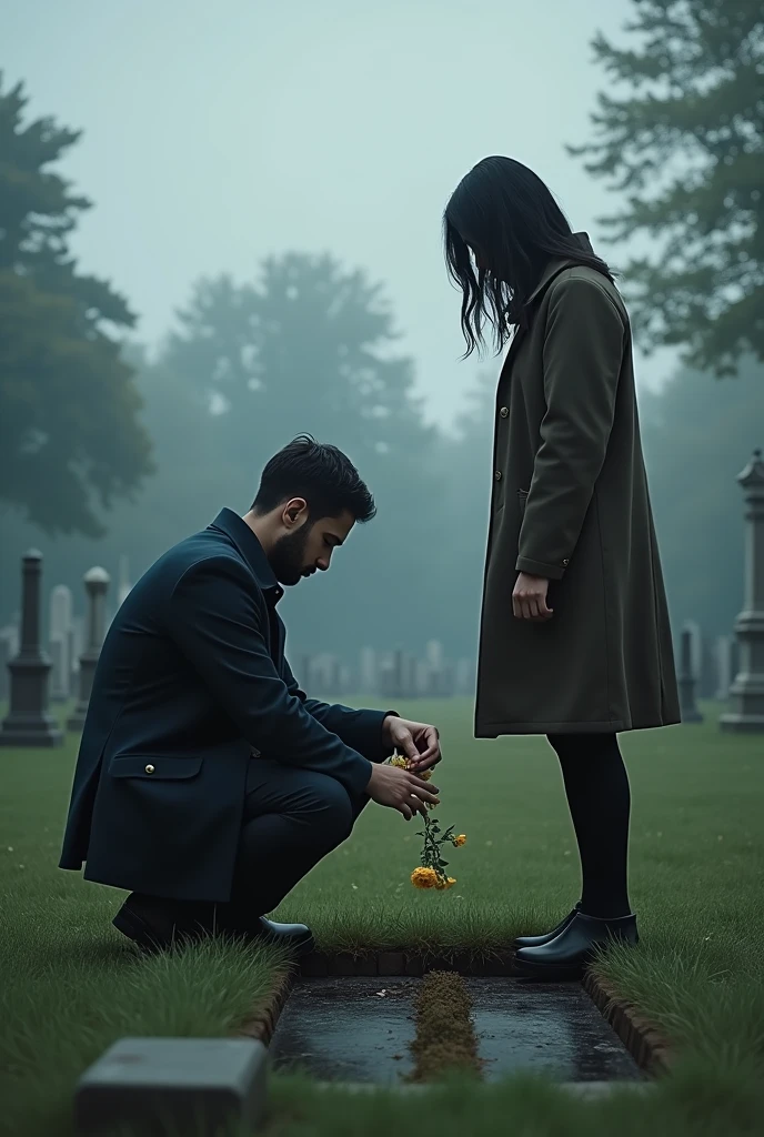 A 2 couple in the grave. The man is putting a flower in the grave the right knee is bended while the woman is standing. Make it realistic. I want the back only.