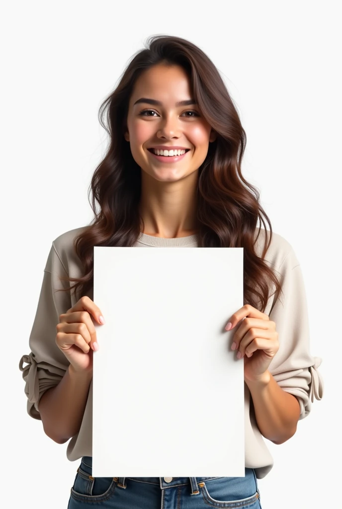 realistic girl about 18 20 years old in white background who holds vertical sheet of paper and shows it and happy full body