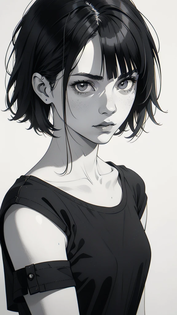 1 boyish girl, solo, sharp eyes, monochrome, greyscale, shoulder length black hair, portrait, blank white T-shirt, Thin eyebrows, closed mouth, looking at viewer, graphite \(medium\), detailed lips, hatching \(texture\), without makeup, (bangs), upper body, (best illustration), (best quality), (very detailed), (masterpiece), expressionless,