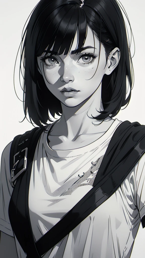 1 boyish girl, solo, sharp eyes, monochrome, greyscale, shoulder length black hair, portrait, blank white T-shirt, Thin eyebrows, closed mouth, looking at viewer, graphite \(medium\), detailed lips, hatching \(texture\), without makeup, (bangs), upper body, (best illustration), (best quality), (very detailed), (masterpiece), expressionless,
