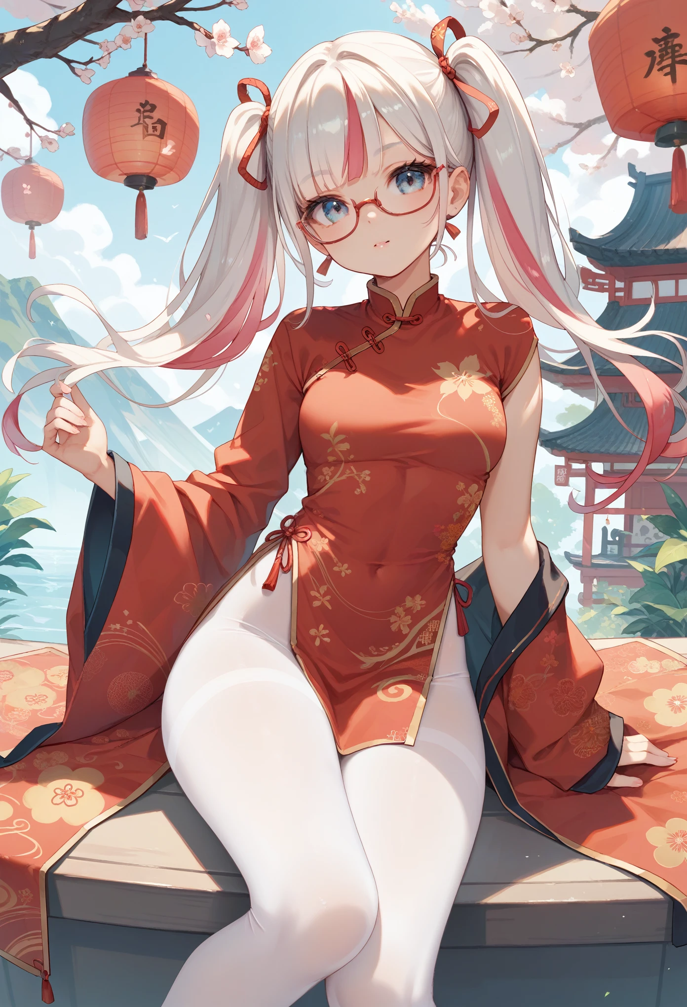 Zhezhi, twintails, multicolored hair, glasses, hair ribbon, chinese clothes, white pantyhose,