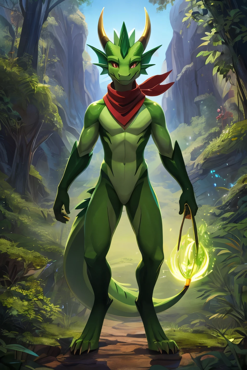 (anime), (front facing), ((looking at the viewer)),(slight smile), slim furry green and lime dragon using old magic, detailed eyes, highres, standing, green main body color, smooth skin, long muzzle, neck and tail fur, digitigrade, horns, feathers, gradients, (red gems), (wearing only a scarf), nature background, (full body)
