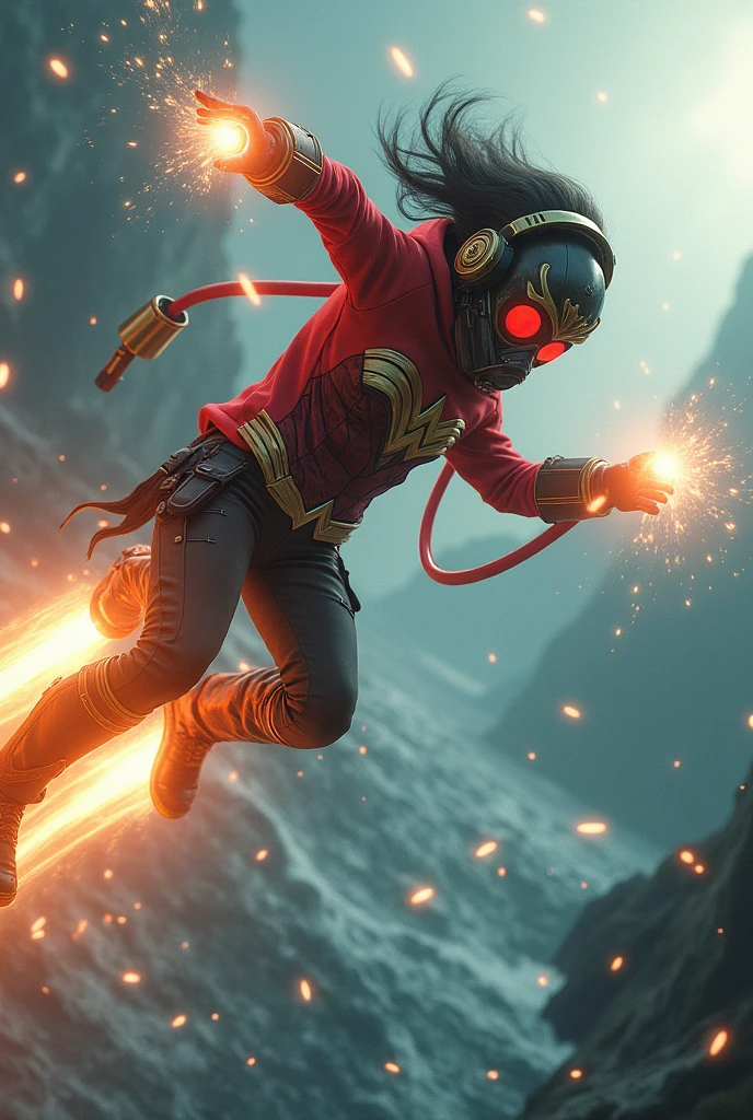 ??? & Wonder woman with red hoodie, Rocket boots, headphones, Laser guns, star-lord helmet, gas helmet, Covered mouth, Round, red eyes, big breasts, perfect body, Busty, realistic, power, Kick, Attack, magic rings in the hands, Fighting, power, fiction, full body, 2 persons, magic lasso, hight, fall, fire in boots, powerful spells, realistic, war, ocean, spells, Cayendo del cielo, sleep,  hug