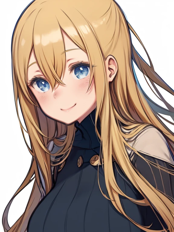 One Girl、Blonde Hair、Hair between the eyes、long hair、Big Breasts、Turtleneck sweater、Smiling、Touching the cheek with one hand、look back、Simple white background、
