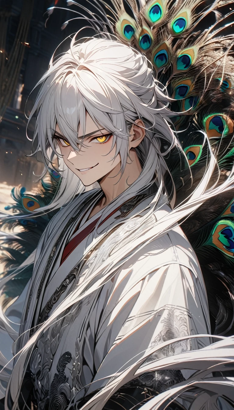 adult guy, male, very long white hair, black strands, red eyeshadows, yellow eyes, smirk, white hanfu, black elements, silver elements, peacock's tail, Masterpiece, best quality, Full HD, 8k, ultra details, great graphic