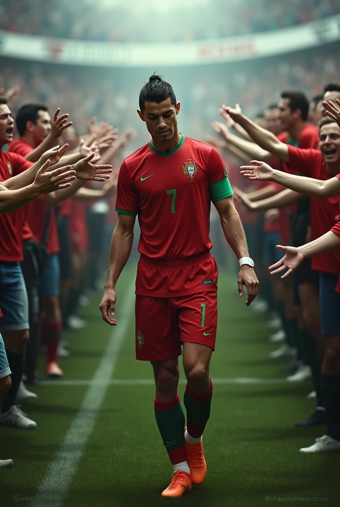 RONALDO is standing in middle of ground and crying in his Portuguese team dress, crowd of people running towards him and trying to touch ronaldo ronaldo is crying a lot with his down head