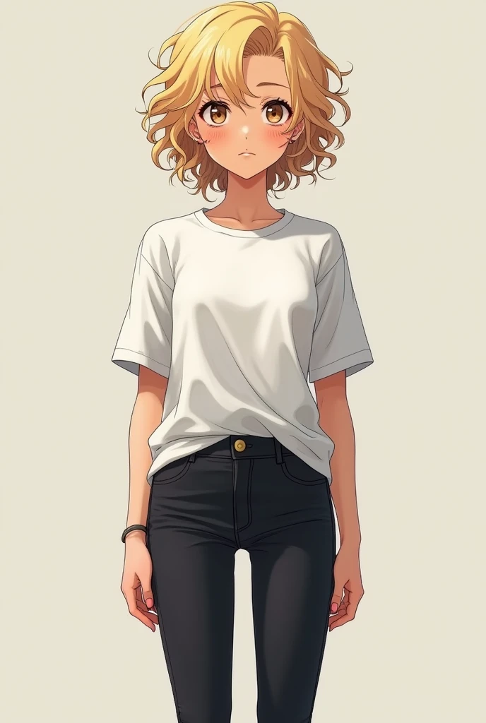 Young woman, in black skinny jeans, in a white loose T-shirt, with curly short blond hair, Brown eyes, in sneakers, anime art, masterpiece, realistic professional quality, super detail