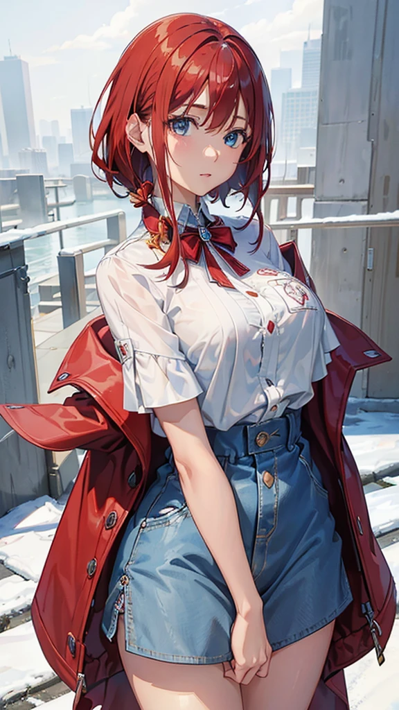 masterpiece,Highest quality,8k,Ultra-high resolution,appropriate margins,perfection,perfection5本の指,perfection人体,perfection瞳,((Cowboy Shot)),Bright expression,(1 person),(The most beautiful woman),Moisturized Skin,Fair skin,((Red hair)),(Mao Xianqing),(Bob Hair),Half Up,Thin eyebrows,(Blue silver eyes),break,Poker face,Red jacket,slacks,Make eye contact with your audience