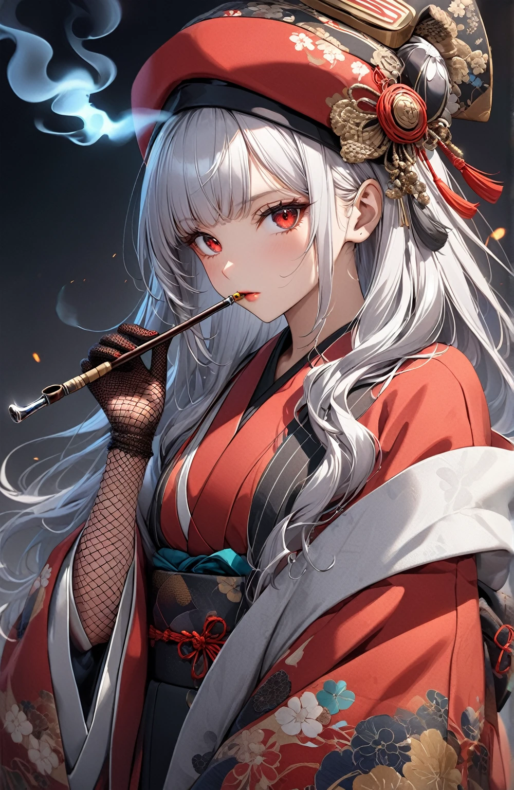 Ultra high resolution, rich colors, perfect image, top quality, detailed image, beautiful woman, glowing skin, skin and clothing texture, delicate eyes, Showa era, kimono, haori, tilted toque, black fishnet gloves, smoking pipe, sideways, long silver hair, red eyes