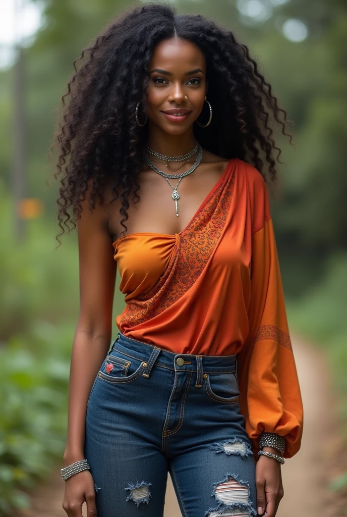 A woman wearing a fashion outfit. Statuesque black woman, smiling, aged 30. Slim busty beautiful model. Alternative, boho chic style. Top is colour Burnt orange with a crimson ombre. Asymmetrical one-shoulder top, silk top with a laser-cut pattern. Indigo leather jeans roughly sprayed with silver paint. tattoos, long dark curly hair, wedge heels. Silver necklace bracelet ankle chain. outdoors