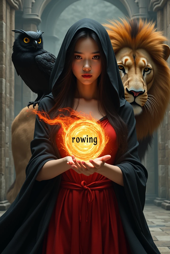 photo realistic, asian woman, white skin, Facing straight, Half-body image size, Black fluffy hair, Long slender fingers, Black witch cloak, Red Hood, Inside is a red dress., There is a fireball in the hand., In the fireball there are beautiful English letters saying: "ROWING" Float, There were several red sparks and red smoke coming out of his hand., A black owl stands on the right shoulder.., A large golden lion with a red mane appears from the rear left.., The background is an old black European-style castle..
