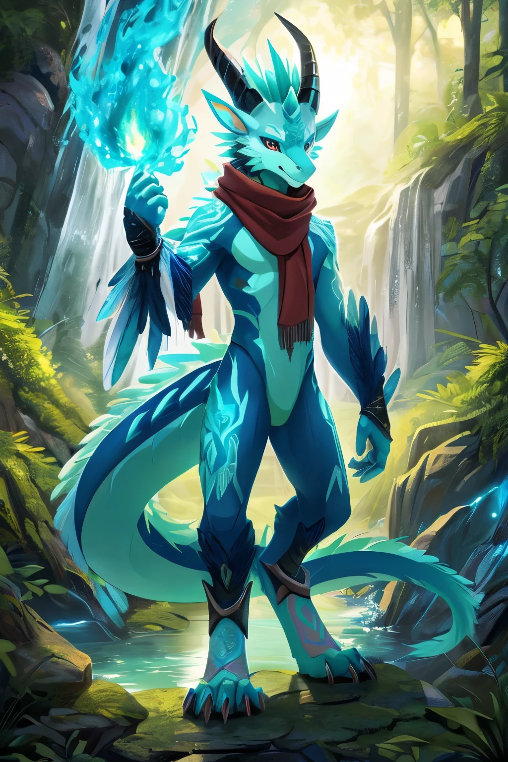 (anime), (front facing), (looking at the camera), slim furry white dragon using fire magic, (detailed eyes), blue secondary body color, (cyan, green and lime complimentary colors), spikes, very long muzzle, neck and tail fur, digitigrade, creative horns, feathers, dark gradient, (wearing only a scarf), (body markings), nature background, full body