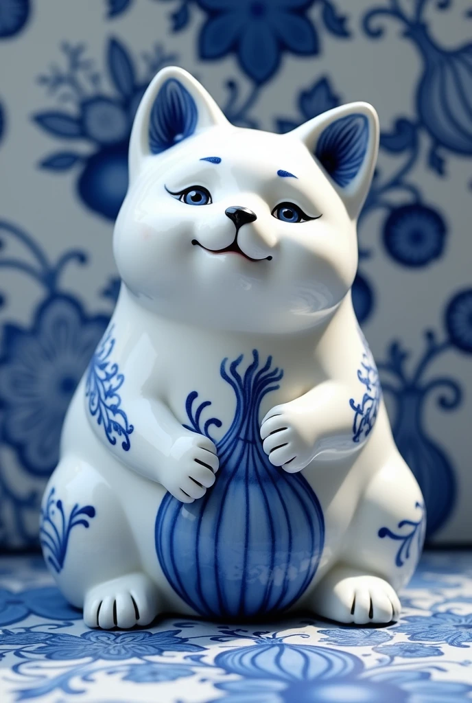 A sculpture **** of blue pattern porcelain of 1 cute fat cat. Classic design, blue and white color scheme, intricate detailing, floral motifs, onion-shaped elements, historical charm, rococo, white ware, cobalt blue, underglaze pattern, fine craftsmanship, traditional elegance, delicate patterns, vintage aesthetic, Meissen, Blue Onion pattern, Cibulak.