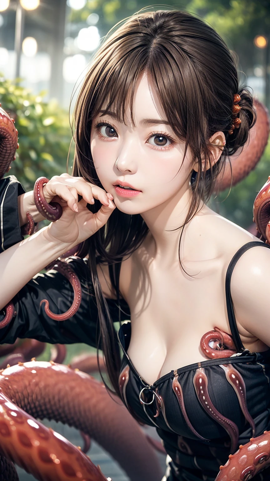 Woman attacked by monster tentacles、Kissing Face、Highest quality, masterpiece, Ultra-high resolution, (Realistic:1.4), ) RAW Photos, 1 caucasian girl, 2,Slender body,)), Realistic pictures,  ,、whole body、Disheveled clothes、, Beautiful Skin、Immaculate skin、、Violated by slimy tentacles、Attacked by multiple tentacles、Sleep on your back:1.4、Tentacles entering the mouth、Tentacles penetrate deep into the female genitals、Tentacles wrapped around chest、、Model body type、、Updo、、Beautiful fingers、Off the shoulder、Exposing shoulders、Crying face、Flat cleavage、fall in love、Open your mouth