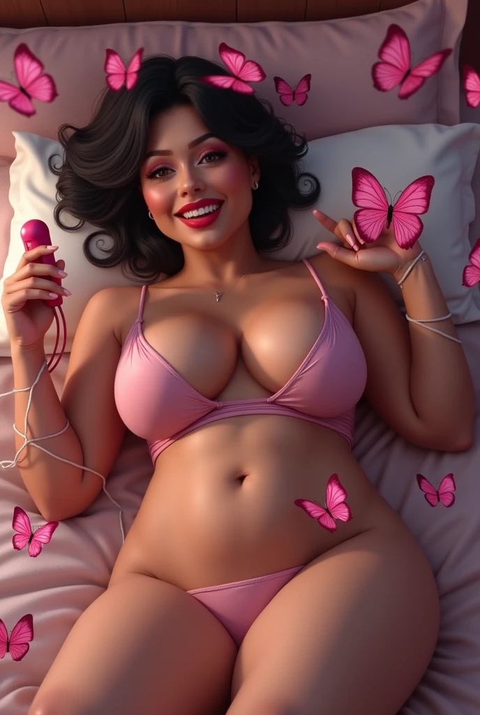 A beautiful woman lies on a bed, she is surrounded by pink butterflies, Below, chubby, bbw, mature, tied up, looks in the camera, Vibrator in one hand, orgasm, smiling, short hair, tied up