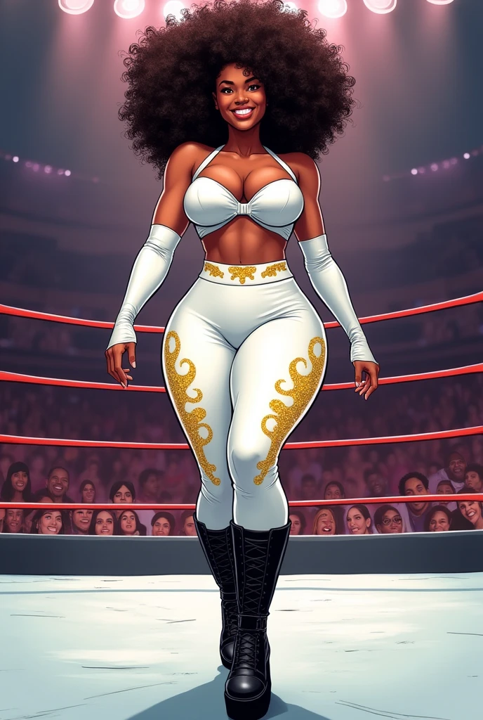 a comic version of a chocolate skinned heavily built cute petite curvy lady with double afro puffs as her hairstyle, clad in a snow white strapped crop top, white sleeves with golden glittery swirls on it and her snow white high waist leggings with more golden glittery swirls and black ankle high platform booties, sashaying straight to the ring in a wrestling arena smiling broadly