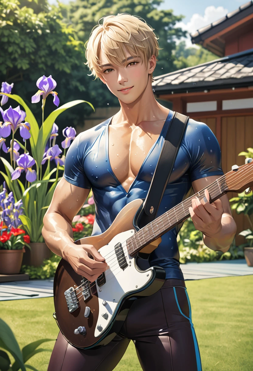 smiling blond boy, wet chest, gymnast acrobat yoga, playing electric guitar, (best quality), realistic, iris, garden, Japanese idol boy, (abs:1.2), black short hair, tanned dark skin, (detailed brown eyes), (smile:0.8), (detailed areola:1.2)