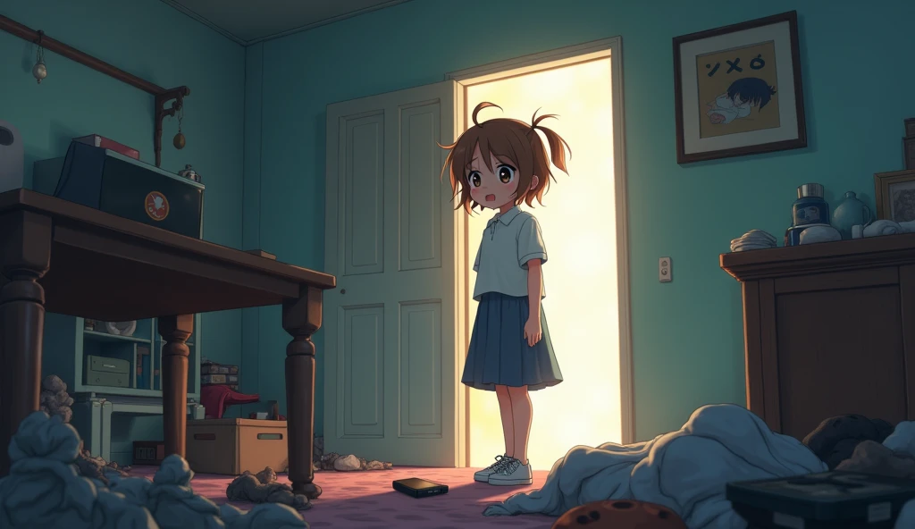 An anime image of a young girl with short brown hair, standing in a room with belongings scattered all over the floor and the door open. In the midst of the chaos, she looks at the table. The girl begins to look aware of the unusual event and shows a shocked and worried expression as she surveys the situation. On the table is a cell phone that has been left on.