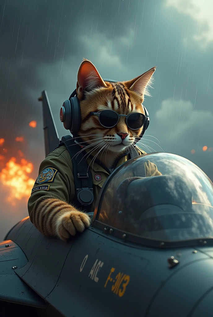 Cat in aircraft uniform with helmet and sunglasses , steering a fighterjet, dark, raining, and fire background