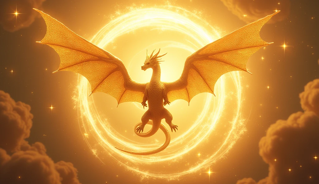 A golden dragon surrounded by a swirling vortex of golden light dancing across the vast sky.