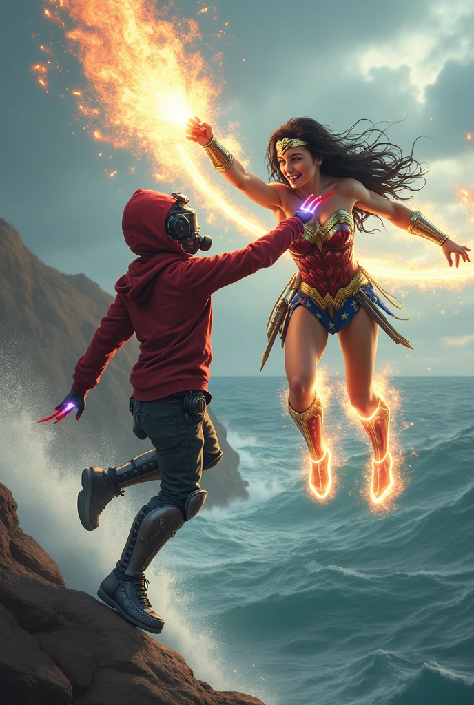 ??? & Wonder woman with red hoodie, Rocket boots, headphones, Laser guns, star-lord helmet, gas helmet, Covered mouth, Round, red eyes, big breasts, perfect body, Busty, realistic, power, Kick, Attack, magic rings in the hands, Fighting, power, fiction, full body, 2 persons, magic lasso, hight, fall, fire in boots, powerful spells, realistic, war, ocean, spells, Cayendo del cielo, sleep, hug
