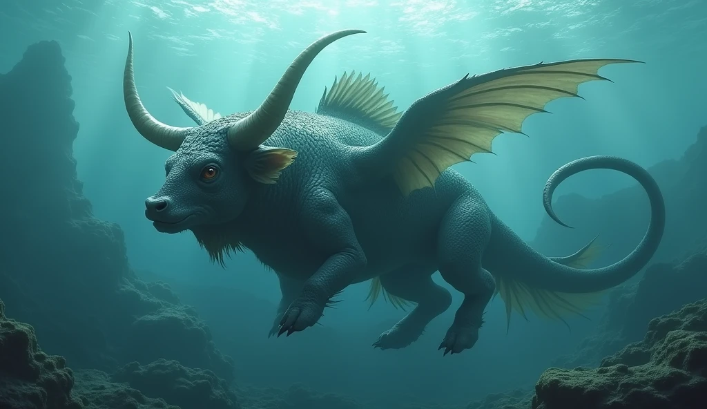 There is a fish underwater，It has a bull&#39;s head and a snake&#39;s tail.，No limbs, wings on the back（best quality，4K，8k，High level，masterpiece：1.2），Ultra Detailed，（lifelike，Photo real，Photo real：1.37）